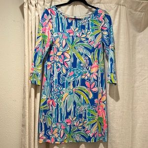 (Like-new) Lilly Pulitzer Blue Pink Floral Bird Marlowe Mini Dress Jungle Hoppin